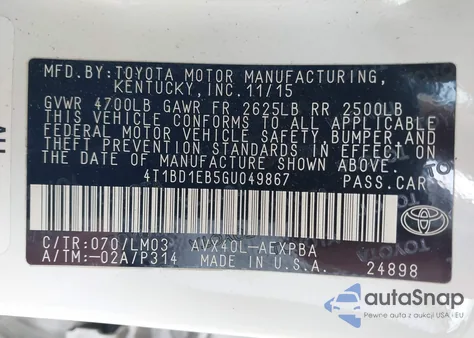 2016 Toyota Avalon Hybrid Limited from USA, damaged, VIN 4T1BD1EB5GU049867